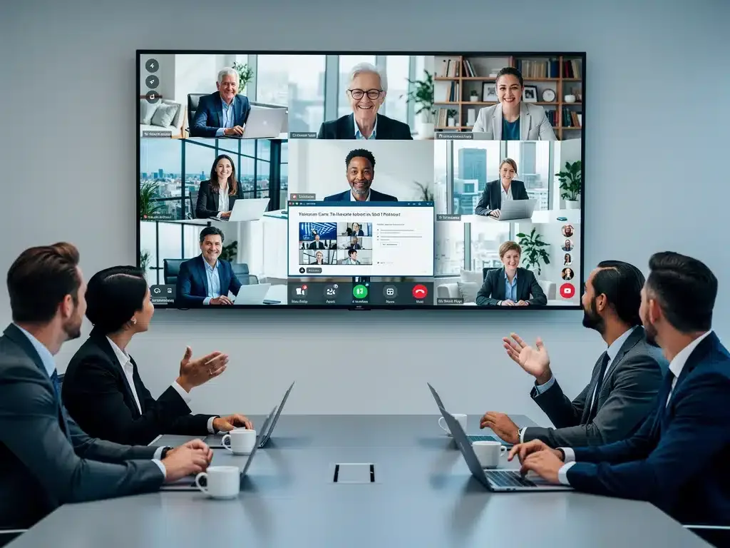 Diverse team collaborating in a hybrid work environment virtually
