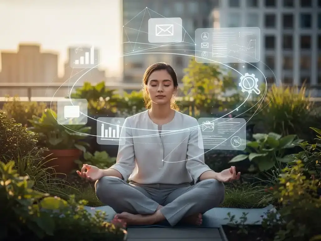 Individual practicing mindfulness for mental wellness in a digital age
