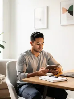 Professional navigating integrated work and personal life on a tablet