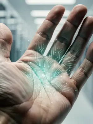Human hand with bio-integrated technology, showing futuristic glowing circuits under the skin against a high-tech background.