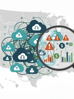 Illustration of cloud sprawl with intertwined cloud icons and a magnifying glass revealing cost inefficiencies.