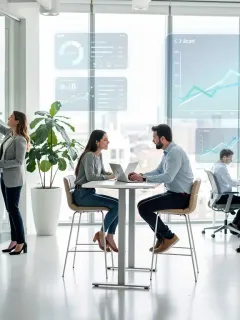 Professionals adapting to new work priorities in a collaborative office setting, reflecting the Great Resignation's evolution.
