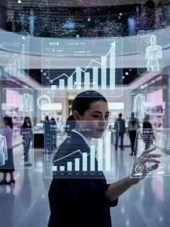 Futuristic retail store with data overlays showing predictive analytics boosting sales.