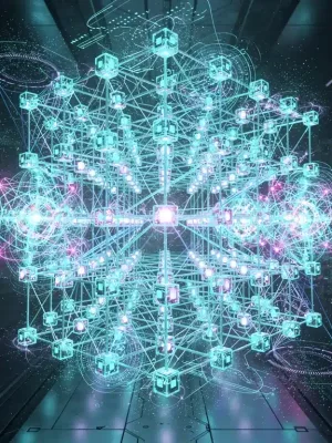 Futuristic quantum computing system with glowing qubits and data streams