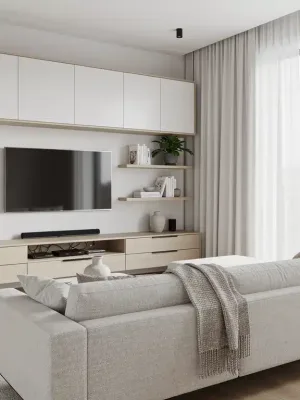 Modern living room with integrated smart organization systems for efficient home management