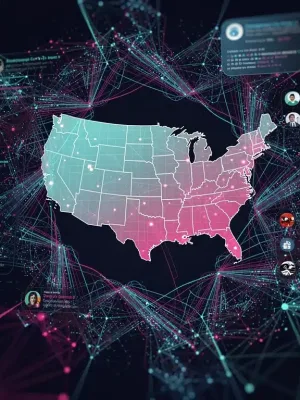 Digital network overlaying US map, symbolizing social media's influence on 2026 political discourse.
