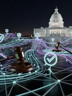 Futuristic AI network with legal symbols and U.S. Capitol, representing AI ethics and compliance in 2026.