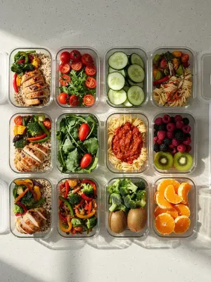 Organized meal prep station with healthy food containers and a grocery list on a kitchen counter.