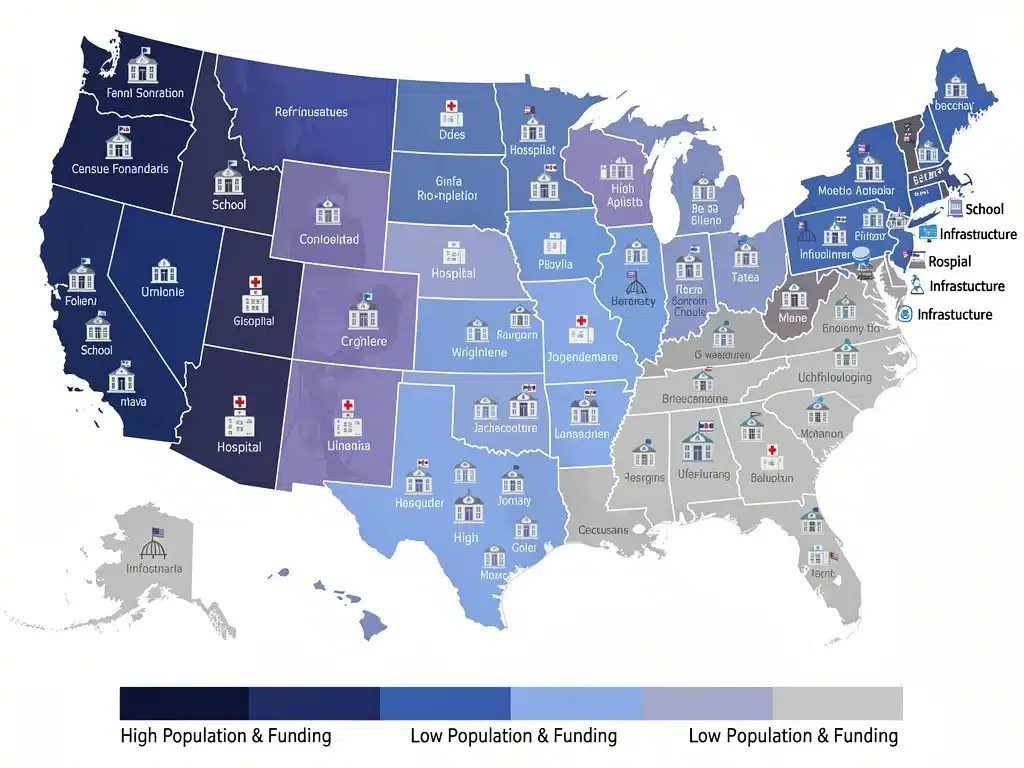 US map showing federal resource allocation based on census data