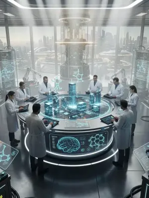 Futuristic lab with scientists, advanced tech, and holographic displays, representing deep tech innovation and seed funding.