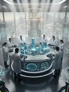 Futuristic lab with scientists, advanced tech, and holographic displays, representing deep tech innovation and seed funding.