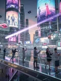 Futuristic cityscape with holographic interfaces and people engaging in metaverse commerce.