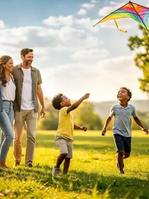 Family enjoying outdoor activity, reducing screen time