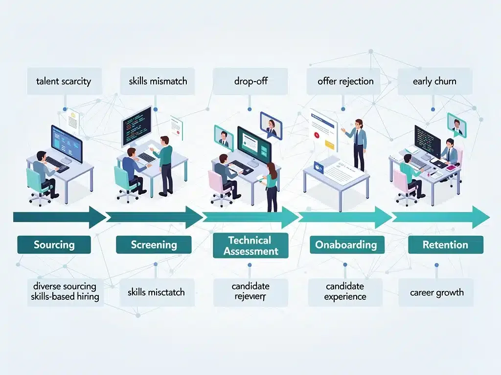 Diagram illustrating a complex tech talent pipeline, from recruitment to retention.