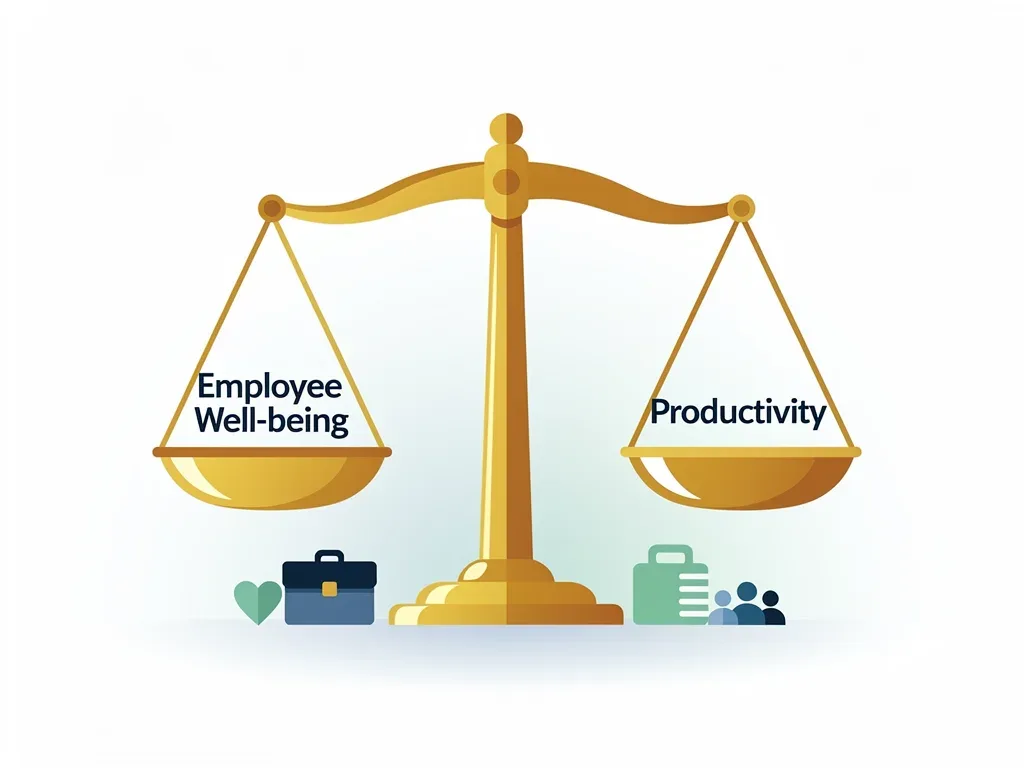 Graphic of a balance scale showing employee well-being and productivity, highlighting retention.