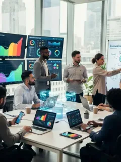 Diverse tech team collaborating in a modern office, symbolizing innovation and growth.