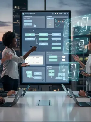 U.S. team rapidly prototyping with low-code platform in a modern office setting