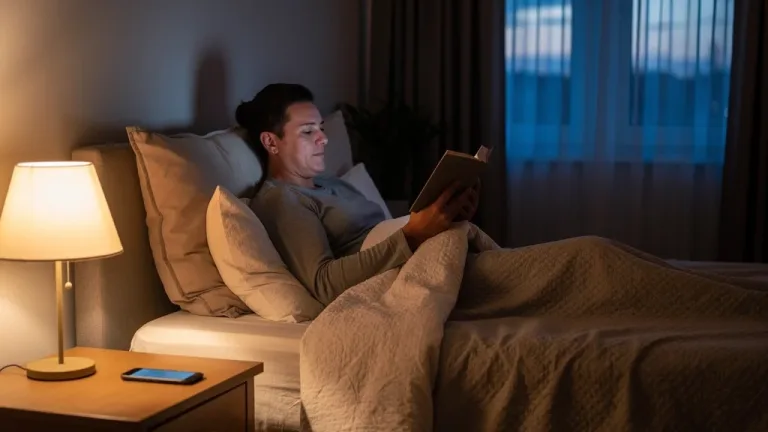Bedroom at twilight, person reading a book, phone face down on nightstand