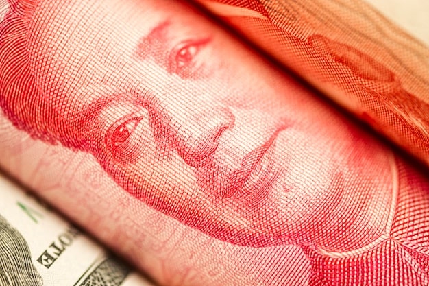 A close-up shot of Peruvian currency (Soles) being exchanged for US dollars, symbolizing the financial transactions involved in trade between the two countries.