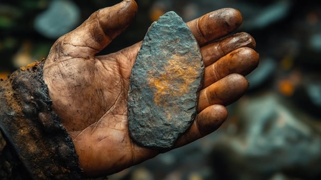 A close-up shot of Peruvian miners holding core samples of copper ore, showcasing the quality and richness of Peru's mineral resources. The focus is on the ore's texture and color, highlighting the economic importance of mining in the region.