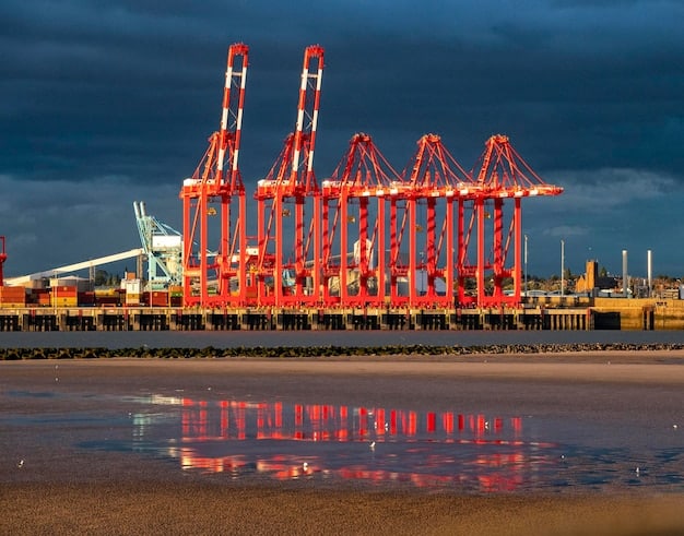 A bustling port scene in Peru, with cargo ships, containers, and cranes actively moving goods. The image should showcase the importance of maritime infrastructure.