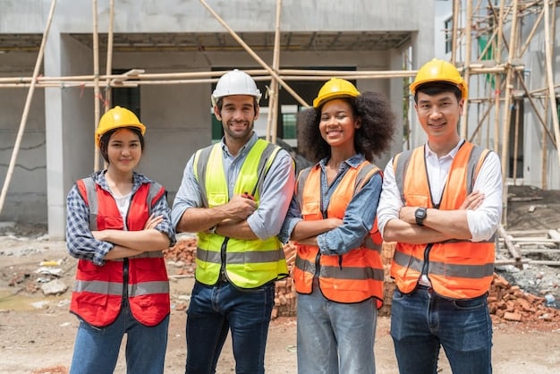 A group of construction workers in Peru, standing together and smiling at the camera. They are wearing hard hats and safety vests, and the background shows a construction site.