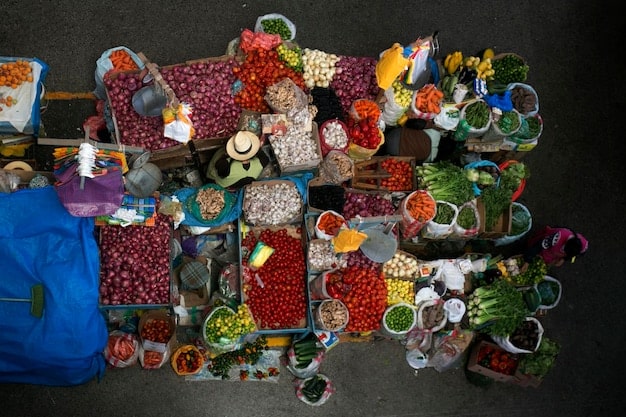 Overhead view of a bustling marketplace in Peru, overflowing with colorful fruits, vegetables, and grains. Peruvian farmers in traditional clothing are actively selling their produce. The image highlights the diversity and vibrancy of Peruvian agriculture.