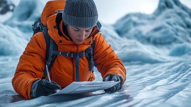 A detailed shot of a Peruvian scientist collecting data in a high-altitude Andean glacier, illustrating the impact of climate change on glacial melt. The image emphasizes the importance of scientific research and monitoring in understanding and addressing climate risks.