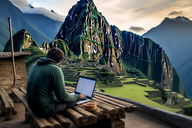 A person using a laptop to browse a travel agency website, with images of Machu Picchu and other Peruvian landmarks in the background. The scene suggests online travel planning and booking.