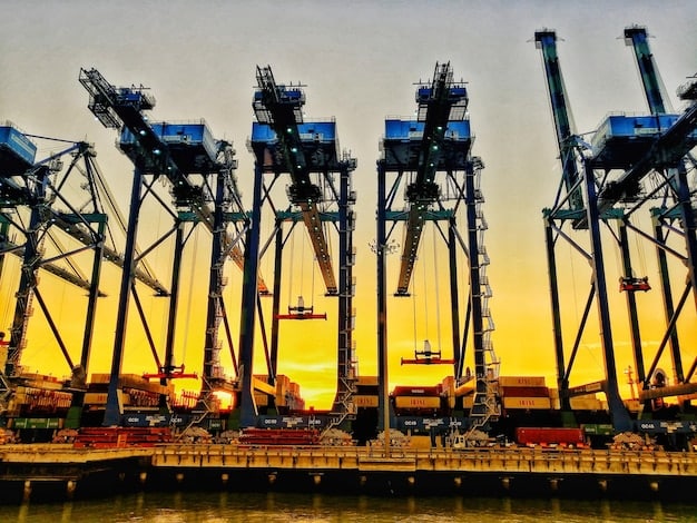 A modern container port in Peru, showcasing cargo ships being loaded and unloaded, with a backdrop of a bustling industrial area.
