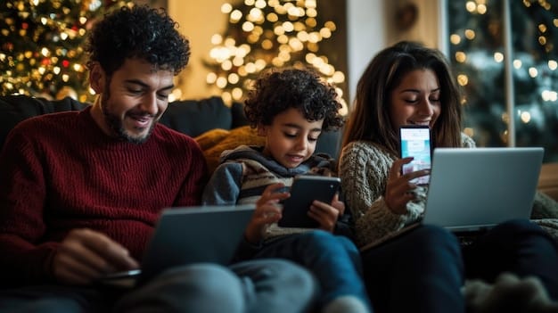 A family in Peru using smartphones and tablets, showcasing the increasing digital connectivity and e-commerce adoption within the middle class. The devices are being used for online shopping and communication.