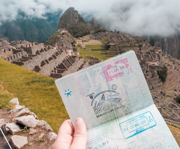 A close-up shot of a US traveler holding a permit for Machu Picchu, with the iconic ruins blurred in the background. The traveler is smiling and wearing a hat and sunglasses. Focus is on the permit and the traveler's expression of excitement.
