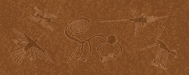 Aerial view of the Nazca Lines in Peru, showcasing the intricate geoglyphs of various animal figures etched into the desert landscape.