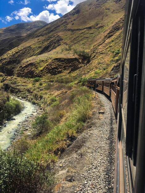 A scenic image of the PeruRail train winding through the Andes mountains, showcasing the breathtaking landscapes and the sustainable mode of transportation.