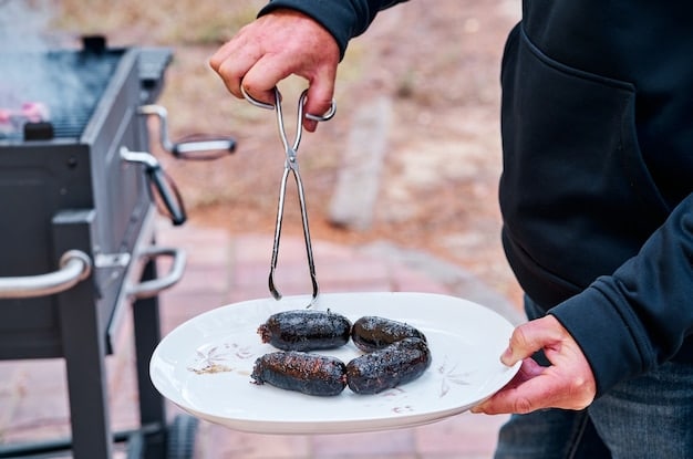 A close-up shot of a street vendor preparing anticuchos (grilled heart skewers) on a smoking grill in a bustling market in Lima, Peru. The vendor is using a small brush to baste the skewers with a savory sauce, creating a mouth-watering scene that captures the essence of Peruvian street food.