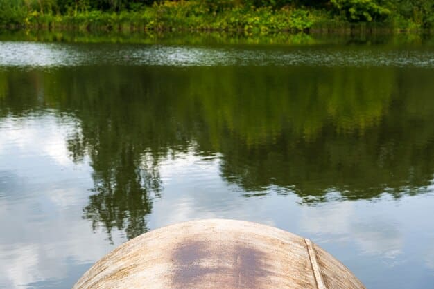 A close-up shot of a riverboat navigating a calm section of the Amazon River during the dry season. The water level is visibly lower, exposing sandy banks, and the forest is lush green under a sunny sky. Several tourists are visible on the boat, looking out at the scenery.