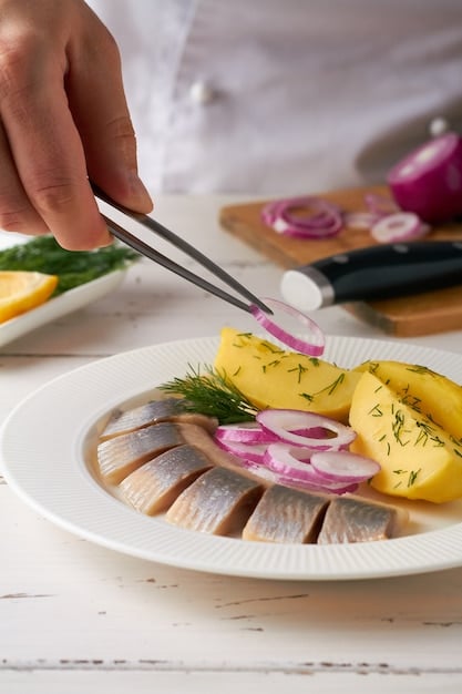 A close-up of a vibrant ceviche dish, showcasing the fresh fish, onions, and garnishes, set against a backdrop of a bustling Lima restaurant with patrons enjoying their meals.