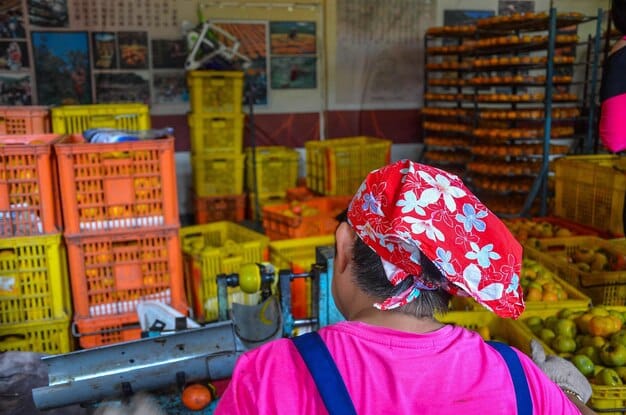 A bustling Peruvian marketplace with vendors selling colorful textiles and fresh produce. A tourist is shown interacting with a vendor, using a phrasebook to help with the conversation. The scene captures the vibrancy and energy of local life.