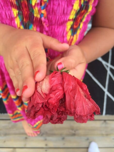 A close-up shot of a vendor's hands holding a vibrant, handwoven textile in a Peruvian market. The focus is on the intricate details and colors of the textile. A tourist is shown examining the item, with a phrasebook visible in their hand.