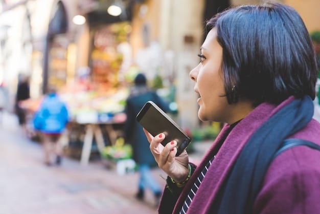 A person checking the weather forecast on their phone in a bustling Peruvian city street, with a market and colorful buildings in the background.
