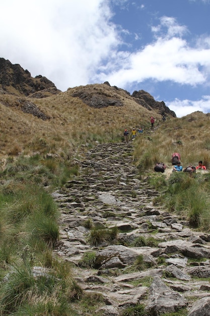 A group of hikers on the Inca Trail, with Machu Picchu visible in the distance under a clear blue sky during the dry season.
