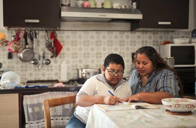 A close-up shot of a Peruvian-American family filling out the census form together at their kitchen table.