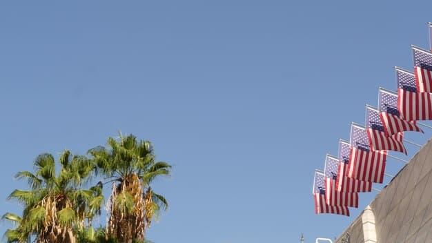 A clear photo of the US Embassy in Lima, Peru, with the American flag waving. The sky is clear and blue.