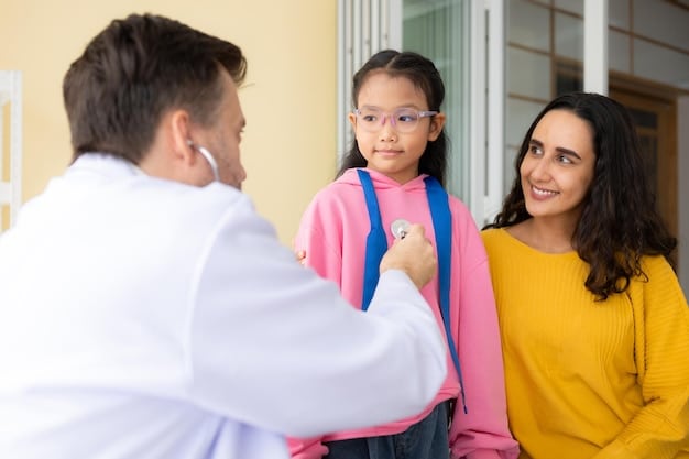 A split image showing a Hispanic family receiving medical advice in Spanish on one side, and a bilingual teacher interacting with students in a classroom on the other side. The imagery highlights healthcare and education as key sectors benefiting from bilingual professionals.