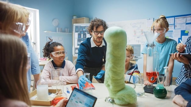 A middle school classroom with diverse students participating in a science experiment, led by a teacher.