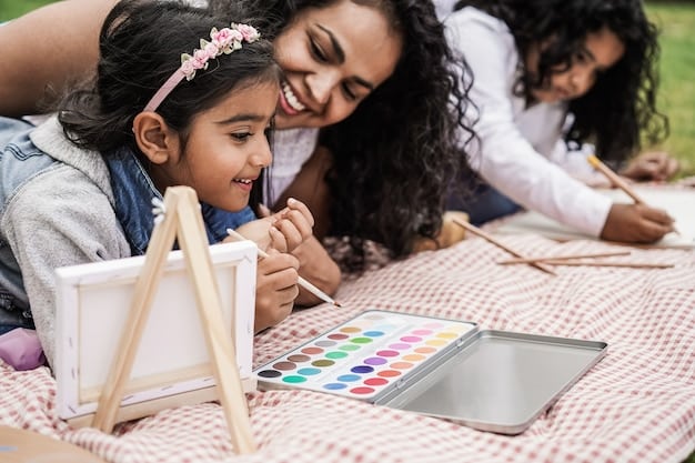 A Peruvian mother volunteering in her child's elementary school classroom, helping with an art project.