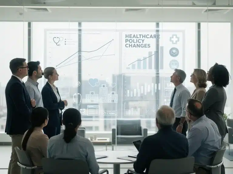 Diverse individuals reviewing 2026 healthcare policy updates on a screen