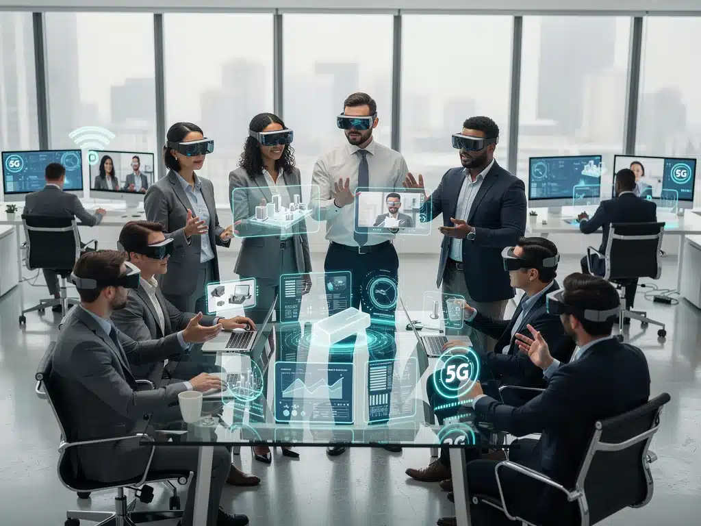 Professionals using AR and holographic displays for 5G-enabled collaboration