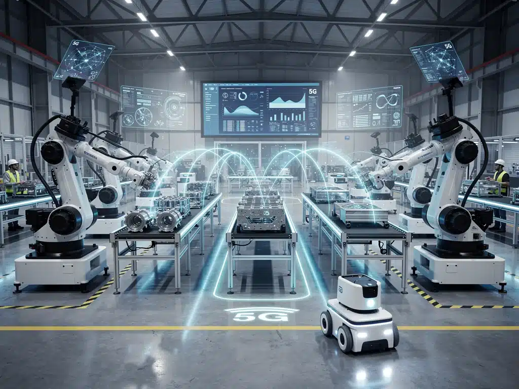 Automated factory with robots connected via 5G for efficiency