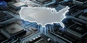 Advanced semiconductor chips and US map outline, symbolizing national tech resilience